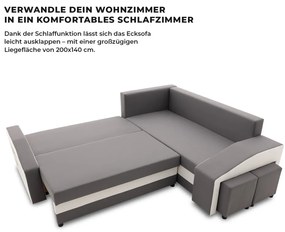 Grande sarokkanapé polcokkal és puffokkal , polc a bal karfaban puffok a jobb karfaban, jobboldali, szövet anyag, bonell töltet, szürke - fehér