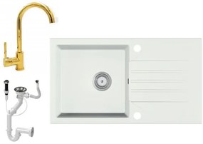 Gránit Mosogató EOS Evinion + magasított arany csaptelep + dugókiemelő (fehér)
