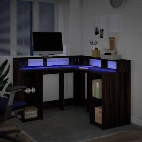 barna tölgy színű szerelt fa íróasztal LED-ekkel 130x130x91 cm