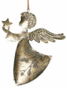 Angyal függő karácsonyi dekoráció, csillaggal, fém, 20 cm