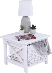 Éjjeliszekrény, fa/vesszőfonás/szövet, fehér, RAFAELLO