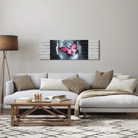 Kép - Rózsaszín pillangó a falon (órával) (90x30 cm)