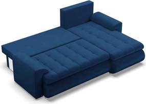 Tokio sarokkanapé, 2 ágyneműtartóval, bársony, jobboldali, kék