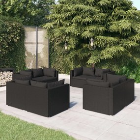 vidaXL 8 részes fekete polyrattan kerti ülőgarnitúra párnákkal