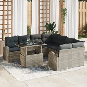 9 Darabos Kerti Kanapé Szett Párnákkal Világosszürke Rattan, 2-Fős Kerti Kanapé Tárolóval és Párnákkal Világosszürke Rattan