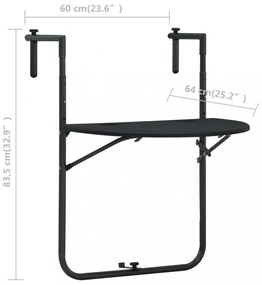 fekete rattan hatású műanyag függő erkélyasztal 60x64x83,5 cm