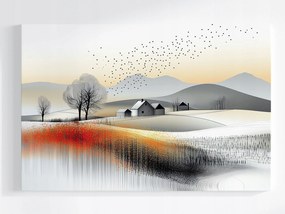 Poszter Tájkép Hegyek Dombok Falu Mezők Virágok Madarak 60x40