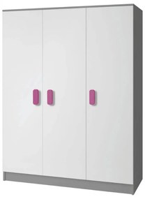 Sven háromajtós gyerekszoba szekrény, szürke-fehér, fogantyúk - rózsaszín