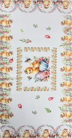 Húsvéti terítő 40x90cm Csibék és húsvéti tojások fehérben