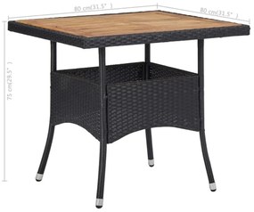 3 részes fekete polyrattan és tömör fa kerti étkezőgarnitúra