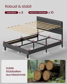 VASAGLE kárpitozott ágykeret, 140 x 200 cm-es matracra alkalmas, szürke