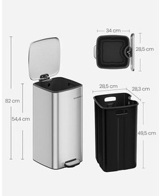 30 literes acél pedálos szemetes belső vödörrel, metál ezüst