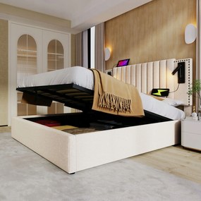 Kárpitozott ágy Franciaágy Hidraulikus lámpa Usb 180x200cm Bézs