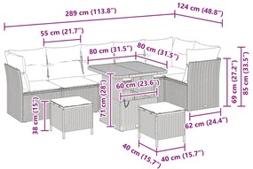 9 darabos kerti kanapé garnitúra párnákkal szürke poli rattan akácia, 3 darabos kerti étkező garnitúra párnákkal szürke poli rattan akácia