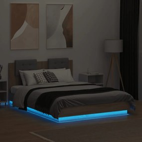sonoma tölgy színű ágykeret fejtámlával és LED-ekkel 135x190 cm
