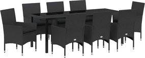 vidaXL Kert étkező szett párnával 9 pcs Fekete polirattan