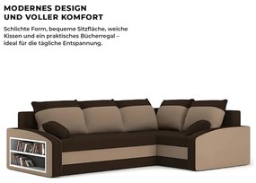 Grande sarokkanapé polcokkal , polc a bal karfaban, jobboldali, szövet anyag, hab töltet, barna