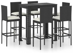 7 részes fekete polyrattan kültéri bárszett párnákkal