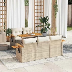 6 részes bézs polyrattan akácfa kerti ülőgarnitúra párnával