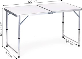 Kerti asztal, MultiGarden GMFC-FY12060, fehér, 120 x 60 cm, összecsukható, állítható magasság (60–70 cm), hordfogantyúval, teherbírás: 50 kg