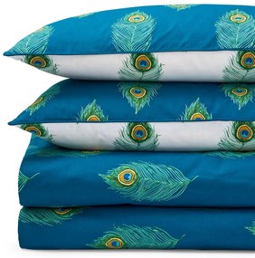 Fehér-kékeszöld kétszemélyes pamut ágyneműhuzat 200x200 cm Peacock Feather – Their Nibs