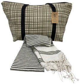 Stílusos szett strandtáska + törölköző HAMAM 75x150 cm, khaki, 100% organikus pamut