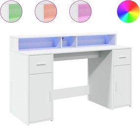 vidaXL fehér szerelt fa íróasztal LED-világítással 140 x 55 x 91 cm