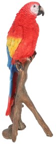 Faágon ülő papagáj polyresin szobor, piros, kültéri és beltéri dekorációs kiegészítő