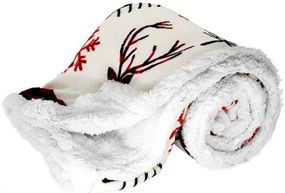 Karácsonyi mikroflanel takaró - 200x150 cm - fehér, piros szarvasos - hókristály mintával