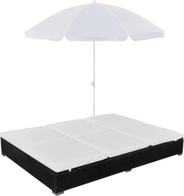 vidaXL fekete polyrattan napozóágy napernyővel