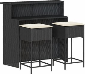 vidaXL 3 részes fekete polyrattan kerti bárszett párnával