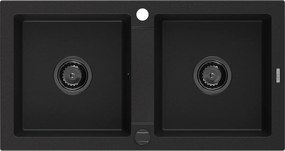 Mexen Mario  konyhai mosogató gránit 2 medence+ pop up szifon 820 x 436 mm, fekete , szifon  fekete  - 6504822000-77-B 2 medencés