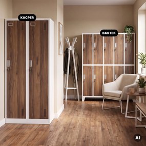 Munkavállalói szekrény, 4 rekeszes, fehér/dió, 800x1800x500 mm: KACPER Eco Design