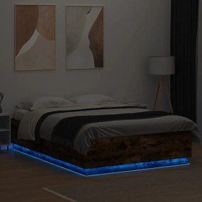 füstös tölgy színű szerelt fa ágykeret LED-del 150x200 cm