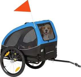 PawHut összecsukható kutya utánfutó fényvisszaverőkkel, hálós ablakokkal, kerekekkel, hátsó ajtóval és biztonsági zászlóval — kék — max. 20 kg | Aosom