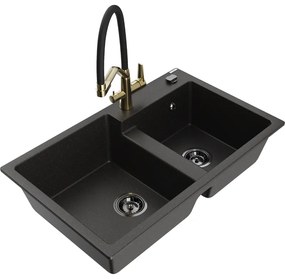 Mexen Tomas gránit 2-medencés mosogató Duo konyhai csapteleppel, fekete/arany metál - 6516-75-671701-57-B