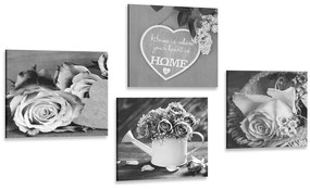 Képszett fekete-fehér virágok Home felirattal