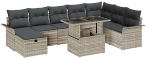 9 Részes Kerti Kanapé Készlet Párnákkal Világosszürke Poli Rattan, 2-Fős Kerti Kanapé Tárolóval és Párnákkal Világosszürke Poli Rattan