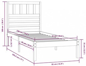 fekete egyszemélyes tömör fenyőfa ágykeret 75 x 190 cm