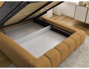 Mustársárga kárpitozott ágyneműtartós franciaágy ágyráccsal 140x190 cm Denali – Bobochic Paris