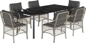 vidaXL 7 részes világosszürke polyrattan kerti étkezőszett párnával