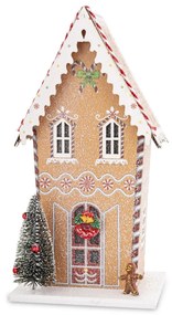 LED-es karácsonyi lámpás mézeskalács jellegű emeletes házikó ünnei díszítéssel fenyőfával asztali dekoráció 22x11x9cm