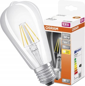 Led izzó E27 ST64 6,5W 60W 806lm 2700K Meleg fehér 300° Filament Osram