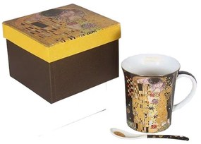 Klimt bögre porcelán kanállal díszcsomagolásban A Csók 350 ml fekete háttérrel