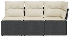 Fekete 3 személyes polyrattan kerti kanapé párnákkal