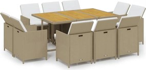 vidaXL 11 részes bézs polyrattan kerti étkezőgarnitúra párnákkal