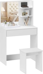 HOMCOM 3-Tier Sminkasztal Fiókokkal, Tükörrel és Illő Székkel, Chipboard Hálószoba Sminkasztal, 75x40x137 cm, Fehér | Aosom