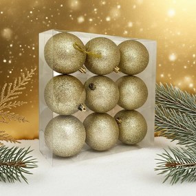 Arany glitteres műanyag karácsonyi gömb szett 8 cm 9 db
