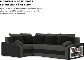 Grande sarokkanapé polcokkal , polc a jobb karfaban, baloldali, szövet anyag, hab töltet, szürke - fekete