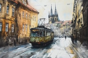 Vászonkép Canvas Város Bérházak Utca Villamos Akvarell 120x80